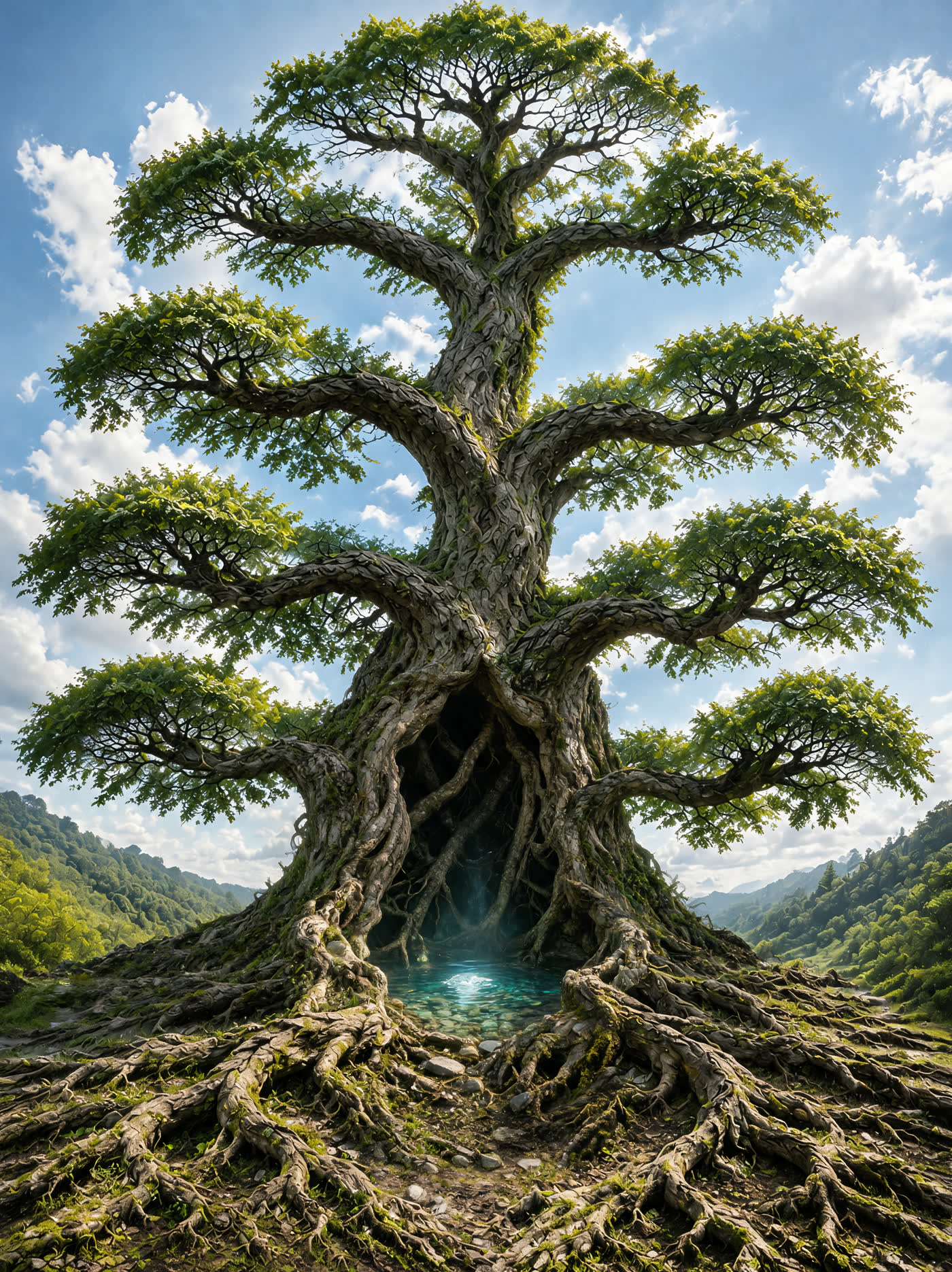 Yggdrasil, der Weltenbaum: eine mächtige Esche mit weit ausgreifender Krone, drei Astebenen zu beiden Seiten und einem Wurzelwerk, in dessen Höhlung eine türkis leuchtende Quelle liegt.